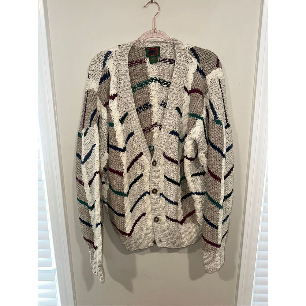 Vintage Boston Traders Grandpa Cardigan Sweater Made in Hong Kong XL Cotton Stri